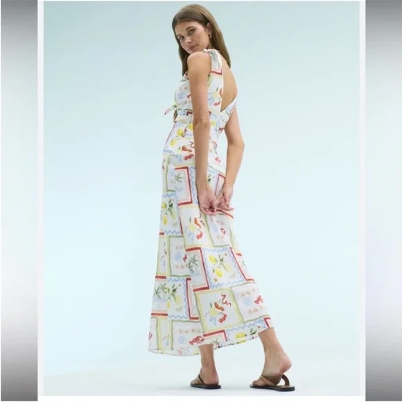 Abercrombie and Fitch Tie Front Scarf Midi Dress Italy Coastal Fruit Sz L NEW - Picture 3 of 13